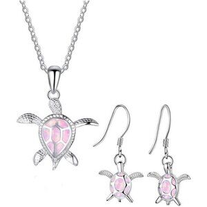 Turtle Necklace Earrings Set for Women Silver Opal Pendant Jewelry Fashion Pink